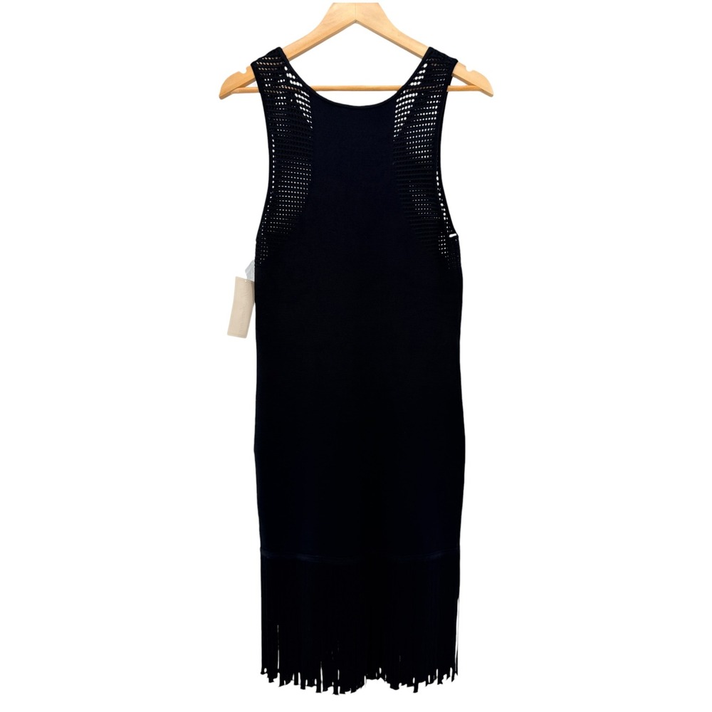 Shoshanna Womens Fringe Hem Perforated Knit Sheath Dress Black Size Large NWT - Picture 7 of 8